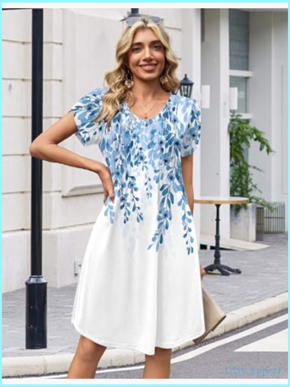 V Neck Pleated Casual A Line Dress Floral Boho Sundress - Picture 2 of 6